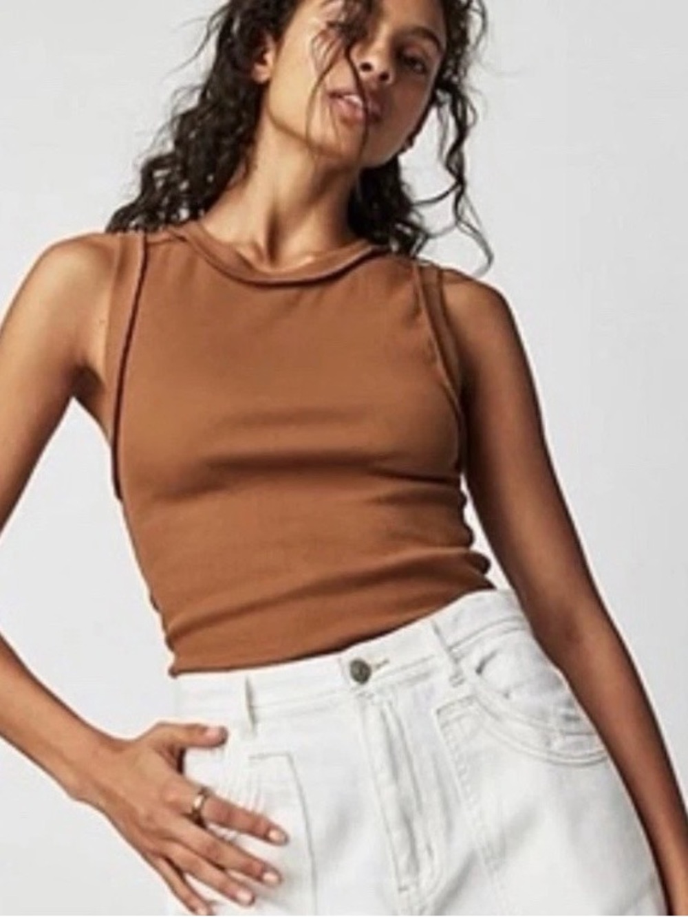 Free People Kate Ribbed Tank Top Almond Brown